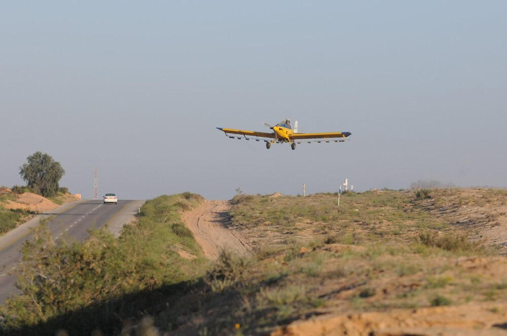 A plane spraying a field (Photo: Herzl Yosef) A plane spraying a field