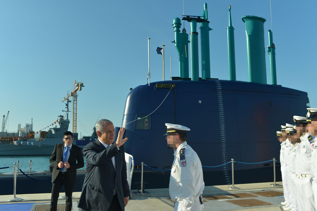Prime Minister Benjamin Netanyahu welcomes a new submarine to the Israeli Navy fleet at a ceremony on Haifa in 2016 