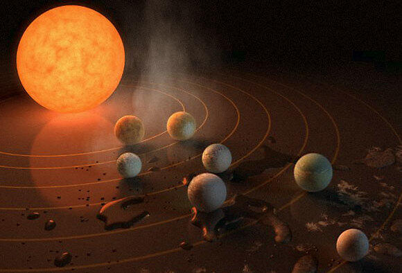 הדמיה של מערכת השמש TRAPPIST-1 (הדמיה: ESO) הדמיה של מערכת השמש TRAPPIST-1