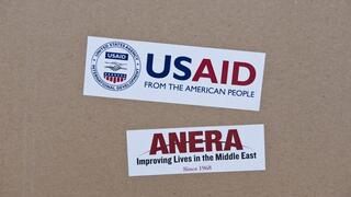 A box containing sanitation kits and soap provided by USAID being stored at a UN school in Gaza City.