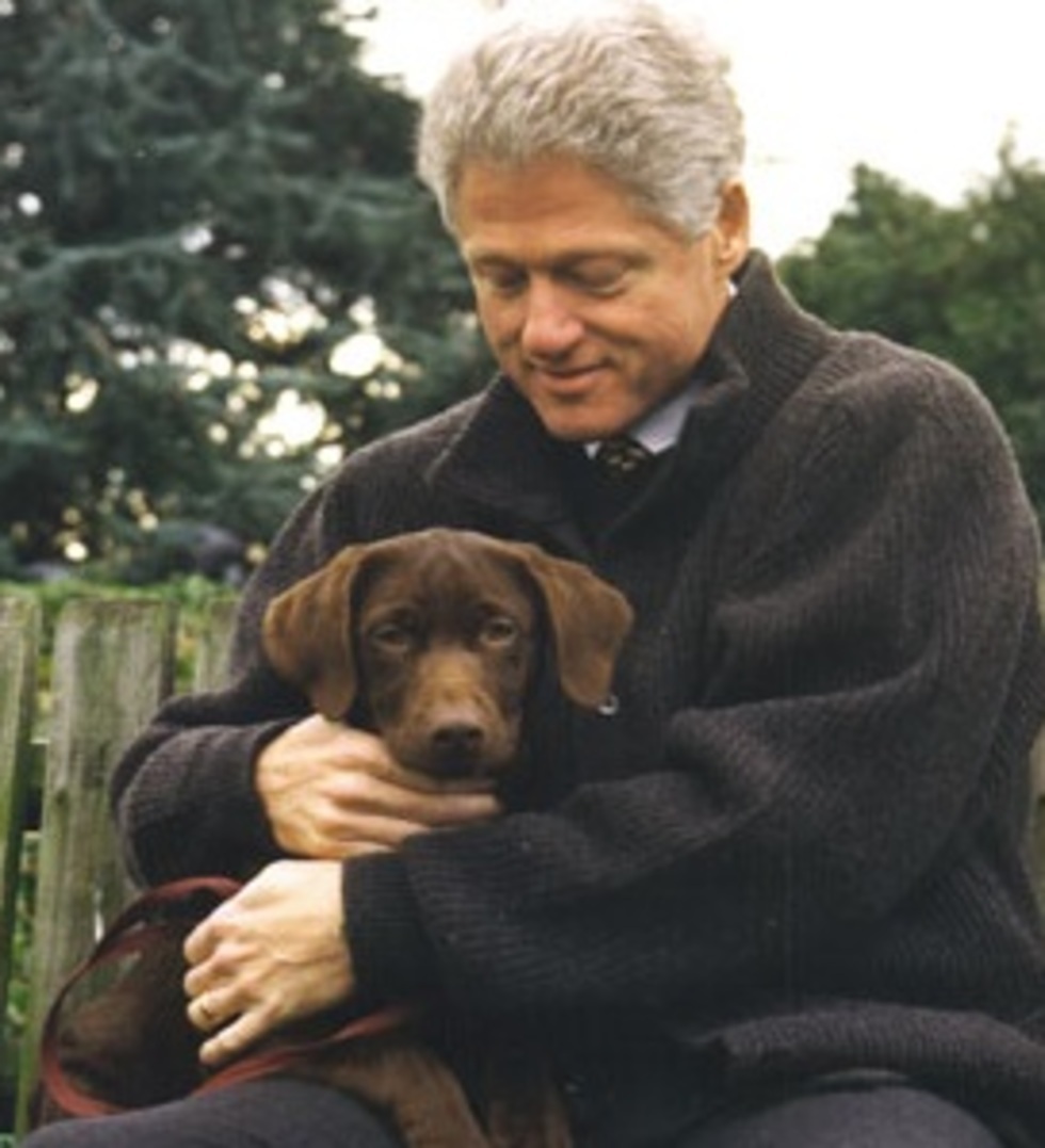 הנשיא קלינטון עם הכלב באדי בדצמבר 1997 (מקור: U.S. Government Printing Office, Wikimedia) הנשיא לשעבר ביל קלינטון על כלבו באדי, דצמבר 1997