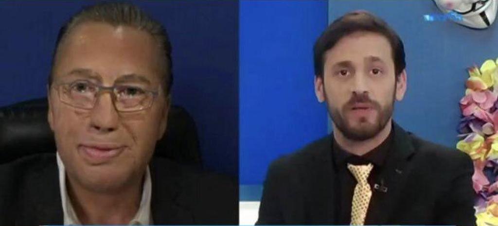 The mock interview with an Amnon Abramovich impersonator and TV presenter Eliraz Sade (Photo: Likud Facebook page ) חיקוי אמנון אברמוביץ'