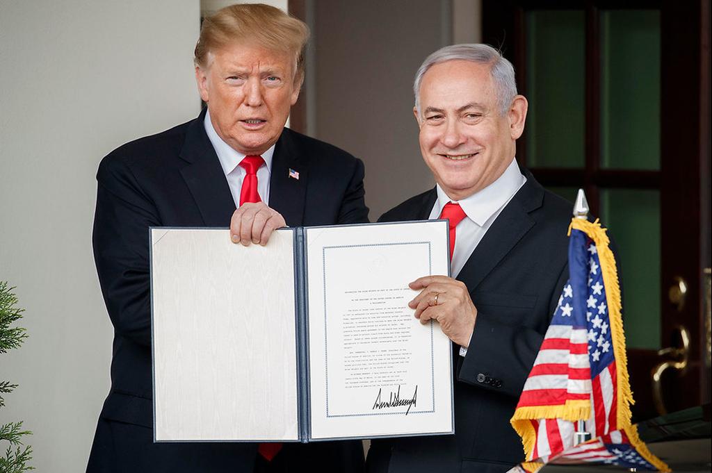 Benjamin Netanyahu and Donald Trump at the White House after the U.S. president recognized Israeli sovereignty over the Golan Heights 
