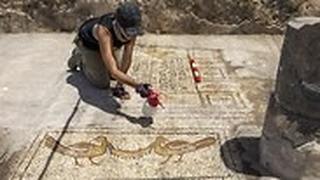 ג'סיקה רנטז מנקה צמד ציפורים האוחזות זר ומאחוריה אחת מכתובות ההקדשה בפסיפס