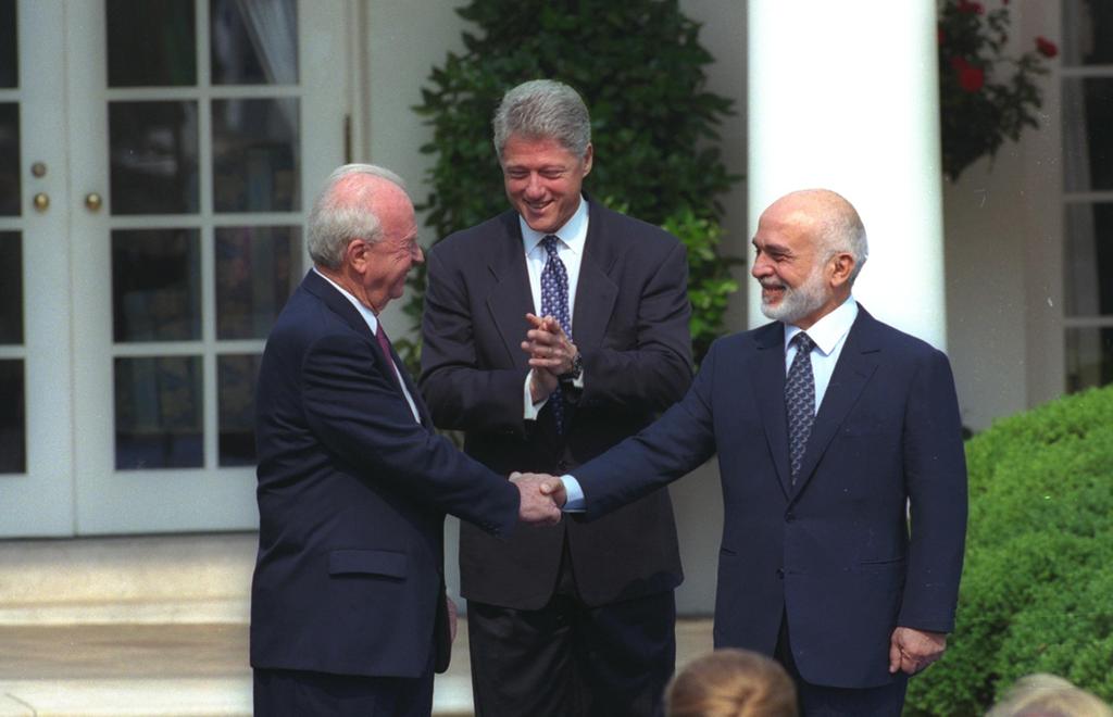 King Hussein of Jordan, Prime Minister Yitzhak Rabin and U.S. President Bill Clinton at signing the 1994 peace treaty at the White House 