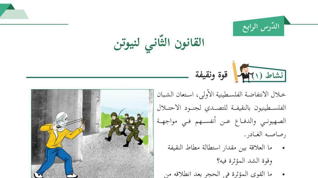 ציור של נער פלסטיני עם רוגטקה מכוונת לחיילי צהל  בספר מדעים כיתה ז'