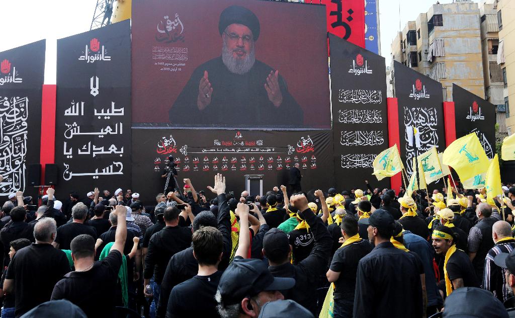 Hezbollah leader, Hassan Nasrallah, giving a speech in Labnon's capital city of Beirut