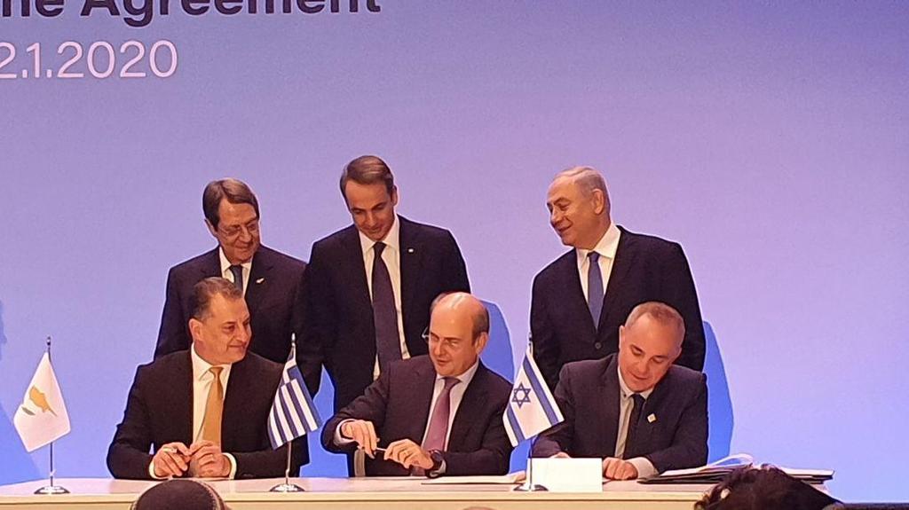 בנימין נתניהו עם ראש ממשלת יוון ונשיא קפריסין חתימה הסכם צינור גז ב אתונה
