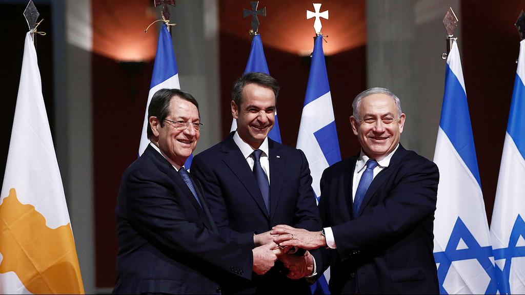 בנימין נתניהו עם ראש ממשלת יוון ונשיא קפריסין חתימה הסכם צינור גז ב אתונה