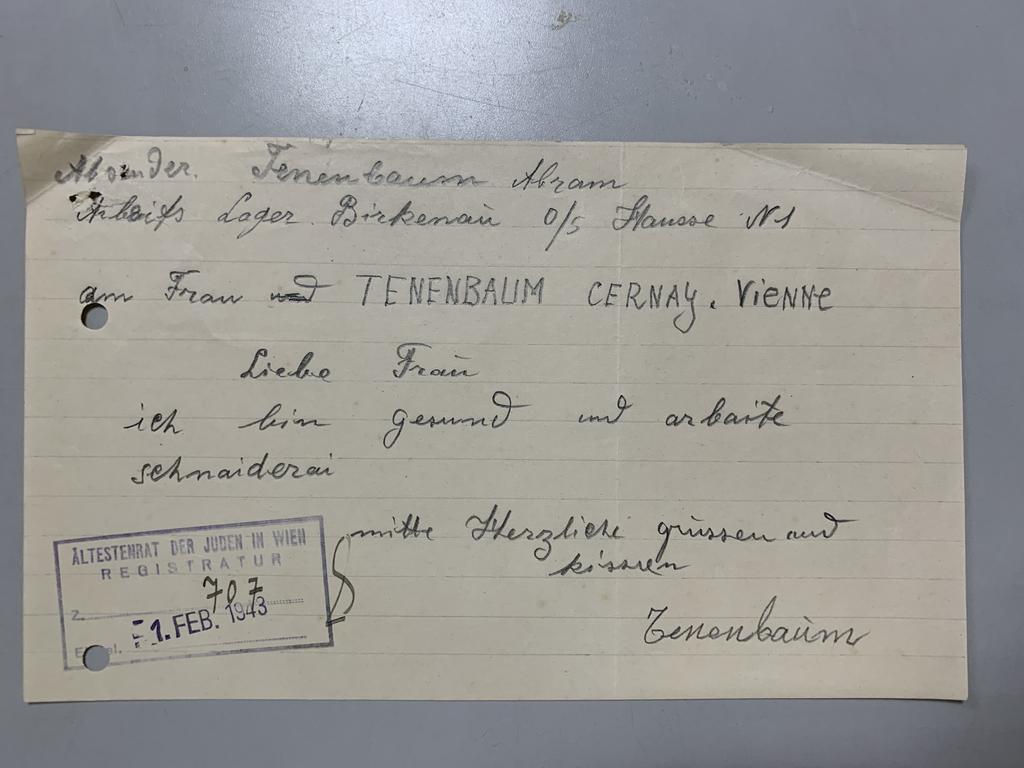 Abram Tenenbaum’s letter to his wife (The Central Archives for the History of the Jewish People) Abram Tenenbaum’s letter to his wife