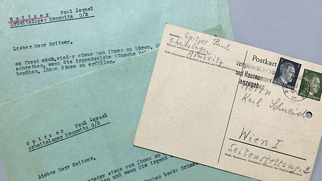 A postcard written by Paul Spitzer, a prisoner at Monowitz camp, a subcamp of the Auschwitz complex. (Photo: The Central Archives for the History of the Jewish People ) Auschwitz postcards