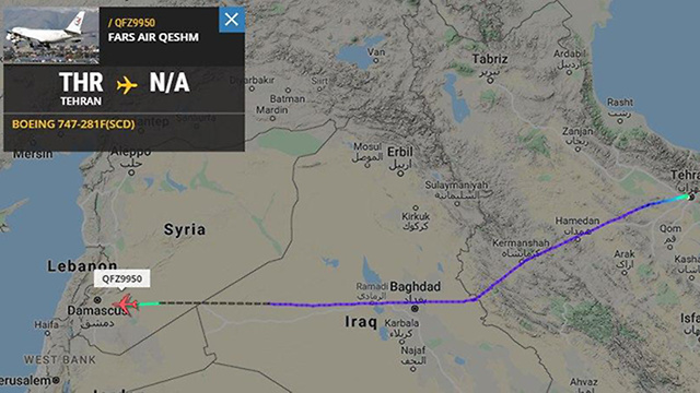 The flight path of the Revolutionary Guard plane from Tehran to Damascus 