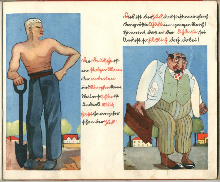 An image from Bauer's book showing the hard working German man, and the sneaky Jew