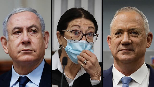 L-R: Prime Minister Benjamin Netanyahu, Chief Justice Esther Hayut, and Blue & White party leader Benny Gantz (Photo: AP, Oren Ben Haknin ) בג"ץ דן בהסכם הקואליציוני שנחתם בין הליכוד לכחול לבן