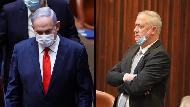 Netanyahu and Gantz (Photo: Knesset spokesperson ) ביג חצי חצי טפט בנימין נתניהו בני גנץ מליאה מליאת כנסת אישור חוק ה רוטציה ממשלה