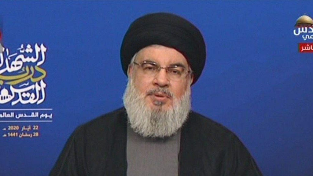 Hezbollah leader Hassan Nasrallah gives a video address to his supporters 