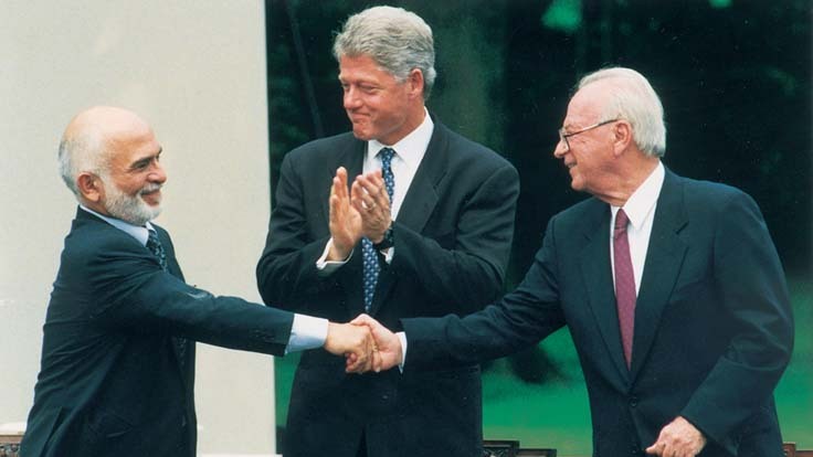 King Hussein of Jordan, U.S. President Bill Clinton and Prime Minister Yitzhak Rabin at the signing of the bilateral peace treaty at the White House, July 25, 1994 