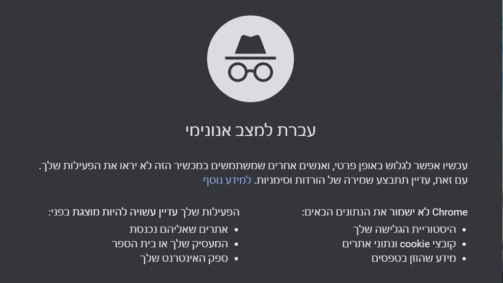 מצב גלישה בסתר (צילום מסך) מצב גלישה בסתר