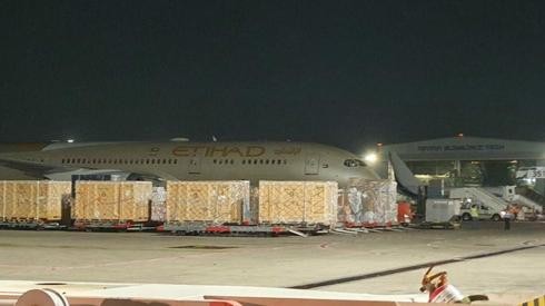 UAE plane carrying aid to the Palestinian Authority lands at Ben Gurion Airport 