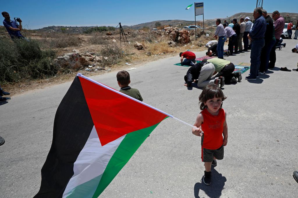 A boy holds a Palestinian flag during a protest against Israel's plan to annex parts of the West Bank, in Beta village near Nablus 