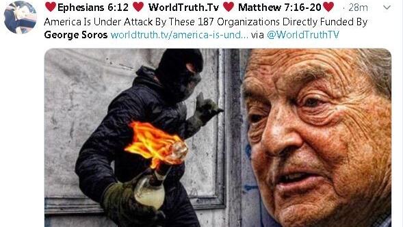 Tweet accusing George Soros for stoking riots in wake of Geroge Floyd's death (Photo: Twitter) Tweet blaming George Soros for riots in the wake of Geroge Floyd murder