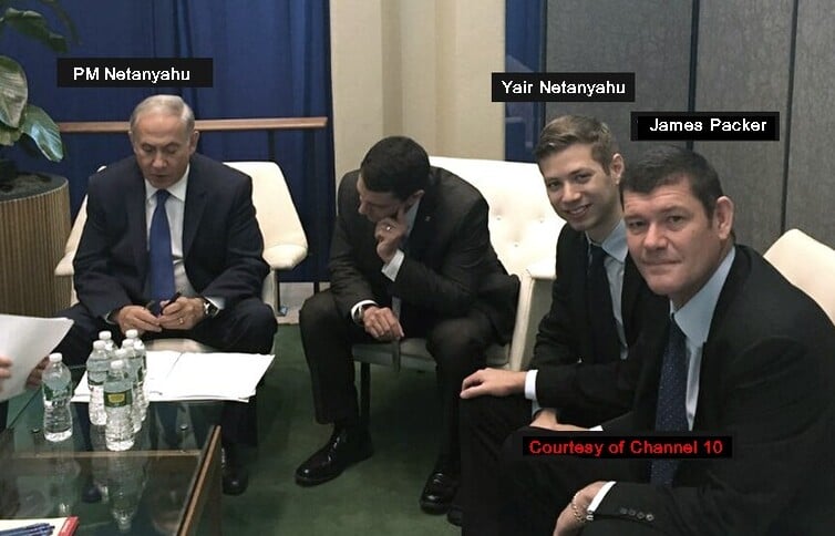 Prime Minister Benjamin Netanyahu, James Packer and the PM's son Yair Netanyahu at the United Nations in 2016 (Photo: Channel 10) James Packer and Yair Netanyahu with PM Netanyahu and Ambassador Dermer at the United Nations in 2016