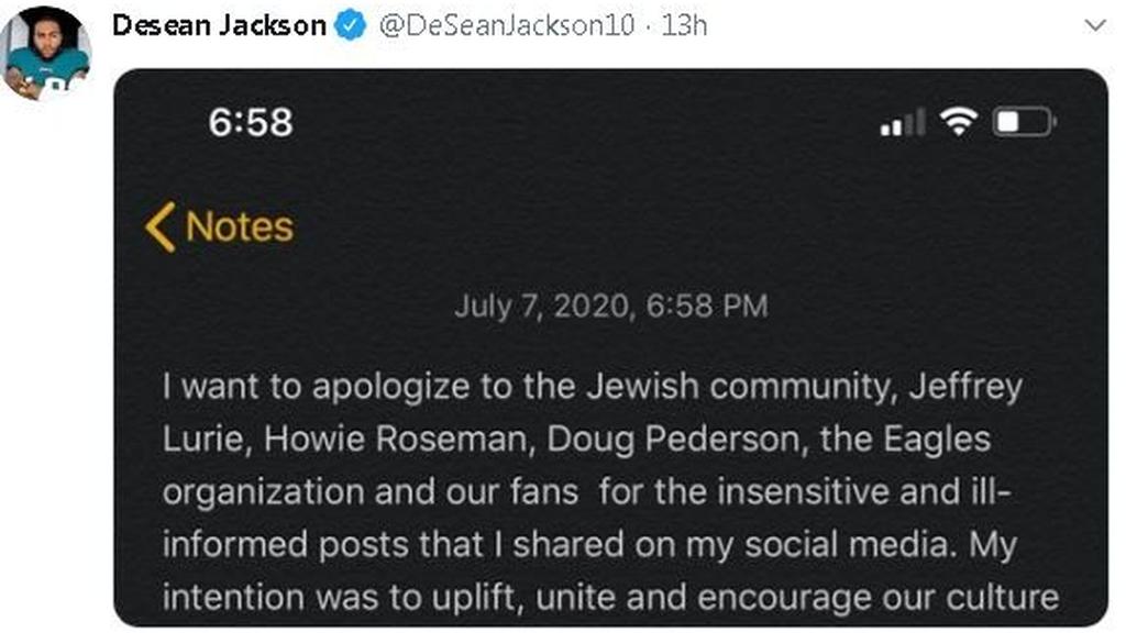 DeSean Jackson post on Twitter apologizing for anti-Semitic tweet 