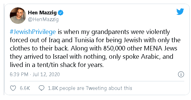 Hen Mazzig's response tweet to #JewishPrivilege (Photo: Screenshot) Hen Mazzig's response tweet to #JewishPrivilege