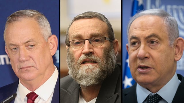נתניהו גפני וגנץ. "זו העת להעברת תקציב, לא לבחירות" (צילום: אוליבייה פיטוסי/פלאש 90, אלכס קולומויסקי, יריב כץ) בנימין נתניהו משה גפני בני גנץ