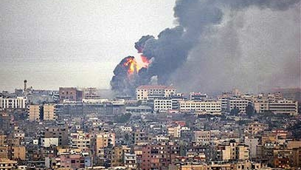 An IDF strike on a Hezbollah-held area of Beirut during the 2006 Second Lebanon War 