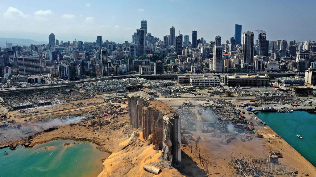 An aerial view shows the massive damage done to Beirut port's grain silos