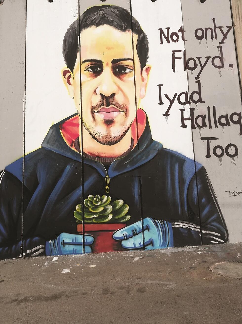 איור של איאד אל חלאק על גדר ההפרדה (צילום: AP, איור: אמין ראמל) איור של איאד אל חלאק על גדר ההפרדה