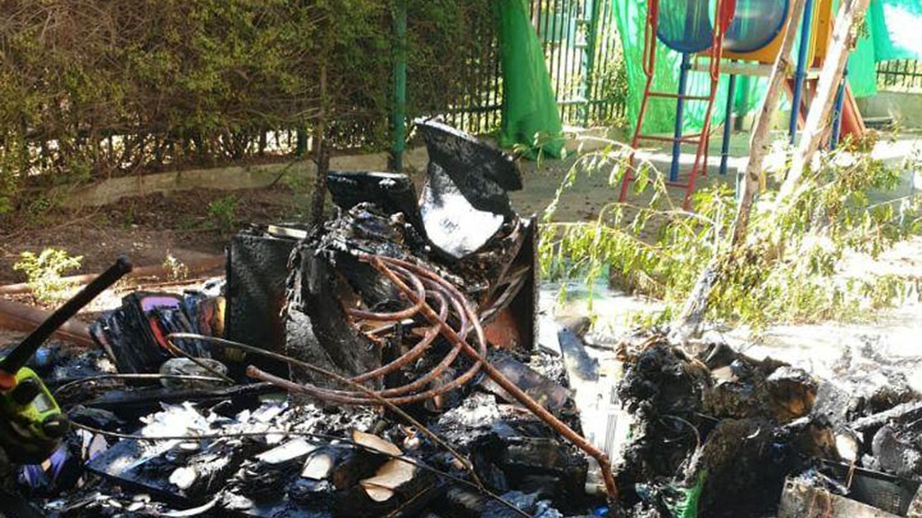 A kindergarten in Sderot damaged by fire caused by incendiary device launched in Gaza שריפה בגן ילדים בשדרות