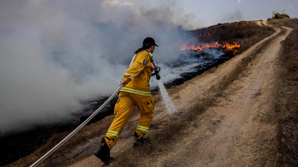 כיבוי שריפה ליד קיבוץ אור הנר, ארכיון (צילום: AP) עובד רשות הטבע והגנים מכבה שריפה ליד קיבוץ אור הנר