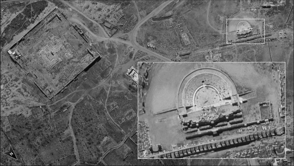 Photo taken by Ofek 16 satellite over Syria showing the remains of the Roman amphitheater at the ancient site of Palmyra (Photo: Defense Ministry) תמונת לוויין