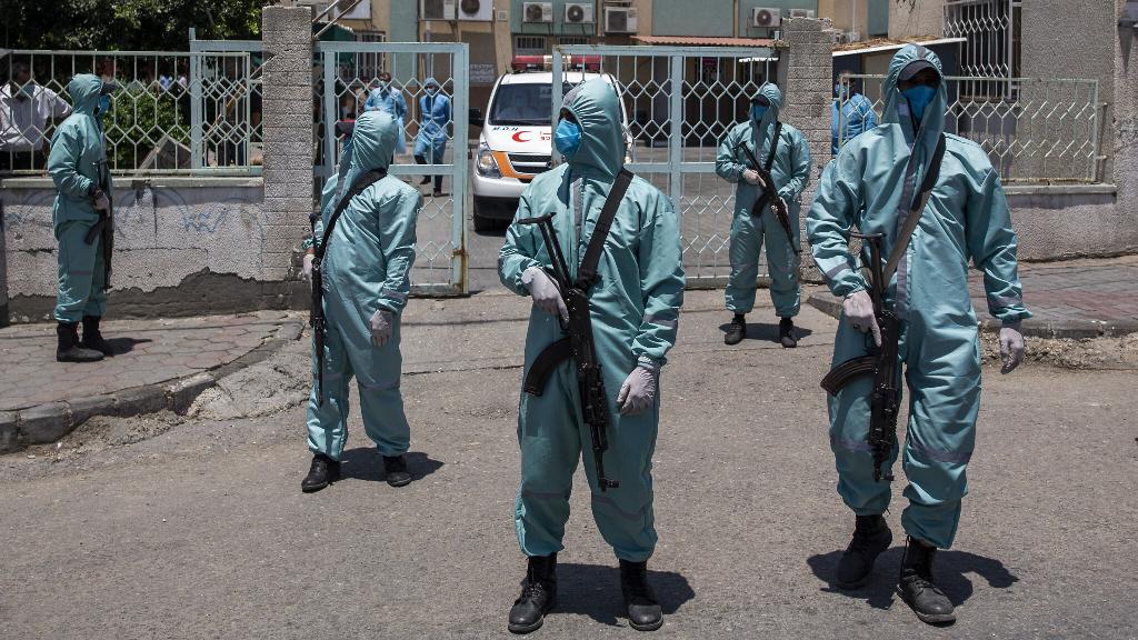 Gaza security forces in protective gear during drill (Photo: AP) Gaza security forces in protective gear during drill