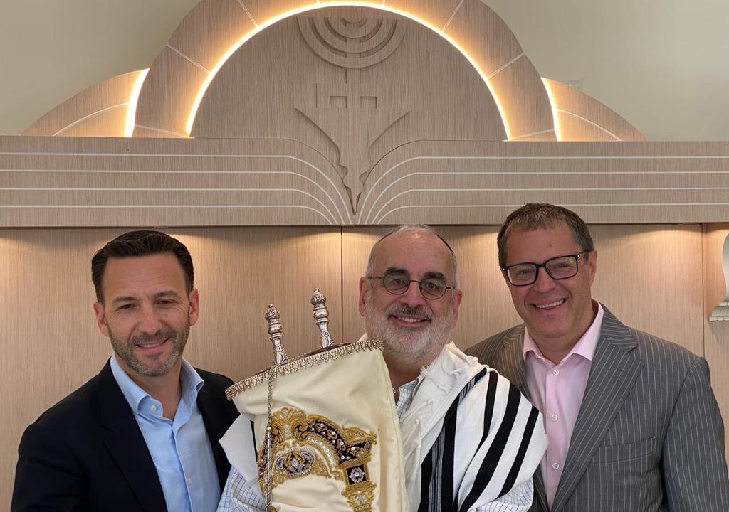 Ross Kriel, Eli Epstein and Alex Peterfreund at the Torah dedication ceremony (Photo: Courtesy) Ross Kriel, Eli Epstein and Alex Peterfreund at the Torah dedication ceremony