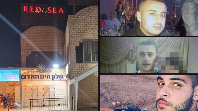 הנאשמים והמלון באילת (צילום: בראל אפרים) אושר שלמה, איסי רפאילוב ואיליאזיר מאירוב נאשמים באונס באילת כתב אישום מלון הים האדום