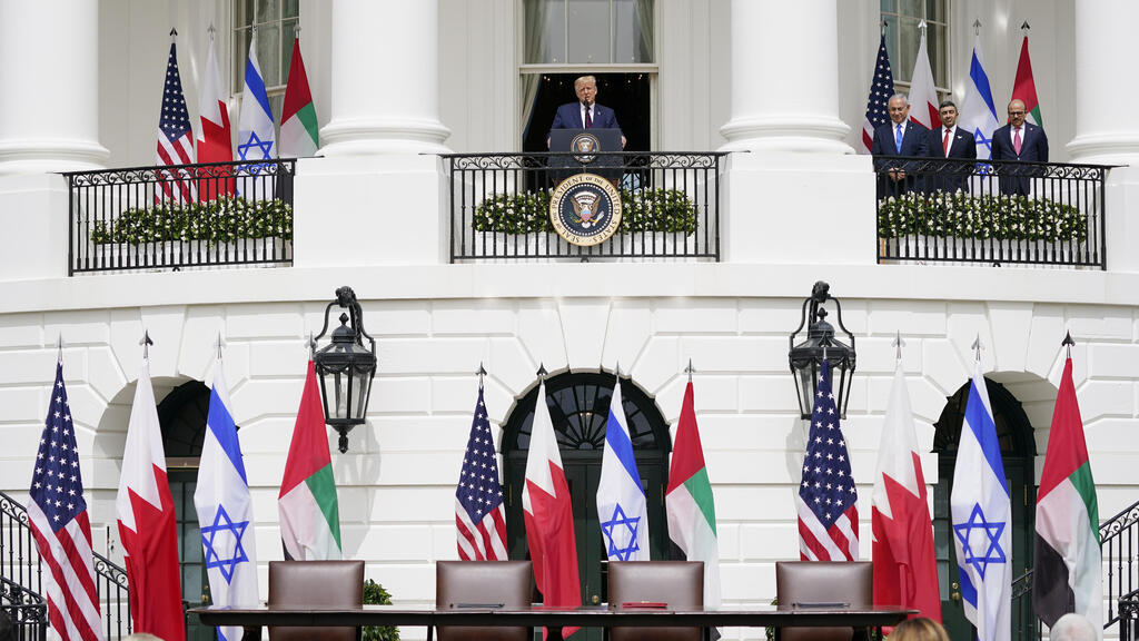President Donald Trump speaks during the Abraham Accords signing ceremony on the South Lawn of the White House,
