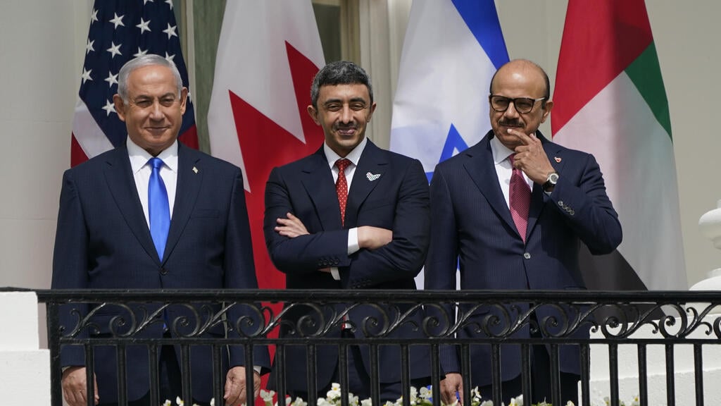 L-R: PM Benjamin Netanyahu, UAE Foreign Minister Abdullah bin Zayed Al Nahyan and Bahraini FM Abdullatif bin Rashid Al-Zayani at the White House for the signing of the Abraham Accords, Sept. 2020 (Photo: EPA) L-R) Israeli Prime Minister Benjamin Netanyahu; Sheikh Abdullah bin Zayed bin Sultan Al Nahyan, Minister of Foreign Affairs and International Cooperation of the United Arab Emirates; and Dr. Abdullatif bin Rashid Alzayani, Minister of Foreign Affairs, Kingdom of Bahrain