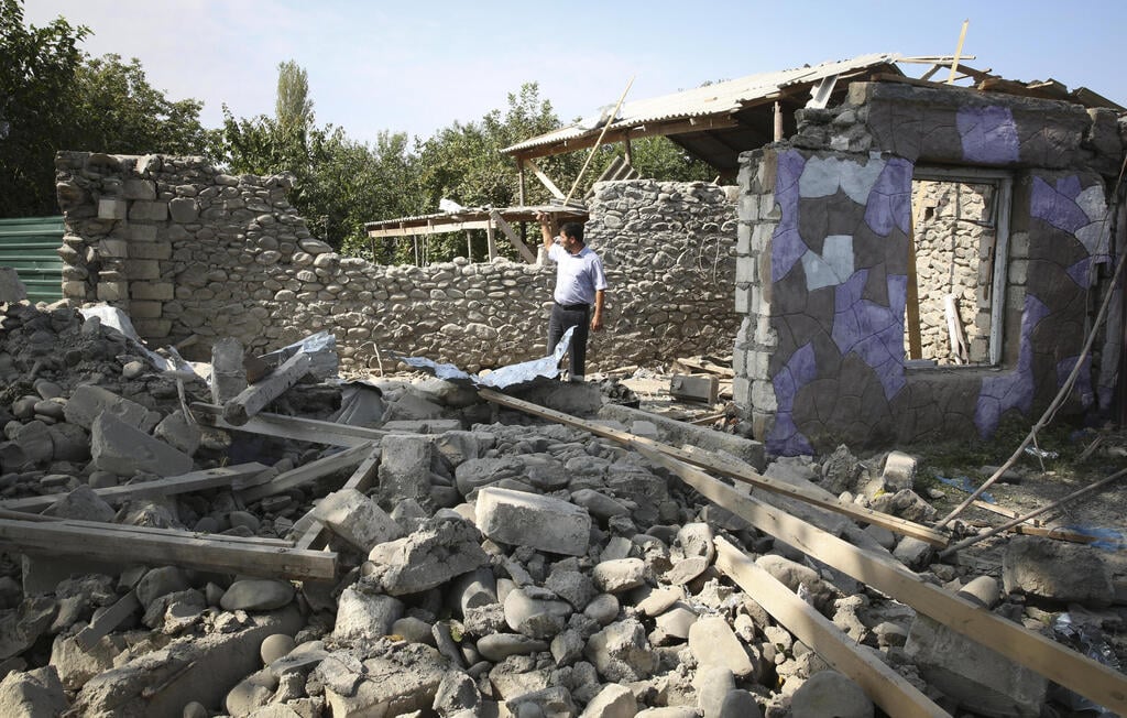 A view of an apartment building that was allegedly damaged by recent shelling during fighting over the breakaway region of Nagorno-Karabakh