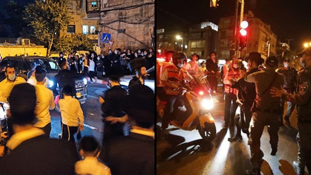 Haredi protesters clash with police in Jerusalem, left, and Bnei Brak (Photos: Shaul Golan, Haim Goldich) עימותים בבני ברק וירושלים