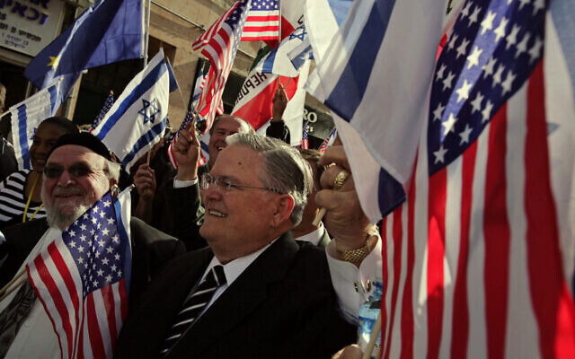 U.S. Evangelist John Hagee, center, leads a march of Christians in support of Israel in Jerusalem 