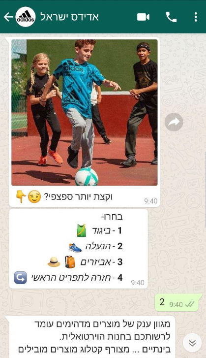 הבוט שואל את הלקוח אלו פריטים הוא רוצה לרכוש (צילום מסך) אדידס שירות הזמנת פריטים וואטסאפ