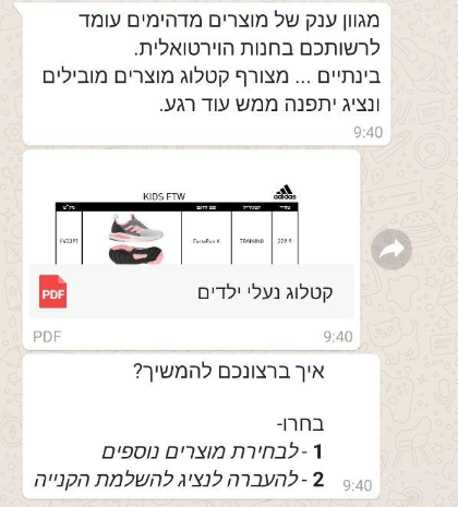 הקטלוג עם פריטים ומחירים - אך ללא מידות (צילום מסך) אדידס שירות הזמנת פריטים וואטסאפ
