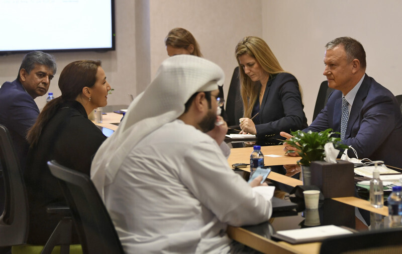 Emirati Minister of State for Food and Water Security Mariam al-Muhairi (L) meets with Erel Margalit, founder and chairman of Jerusalem Venture Partners (JVP), at the headquarters of the Government Accelerators in Dubai 