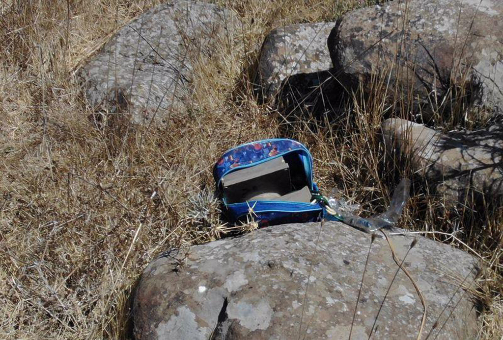 The bag found containing explosives near the Israeli Syrian border in August 