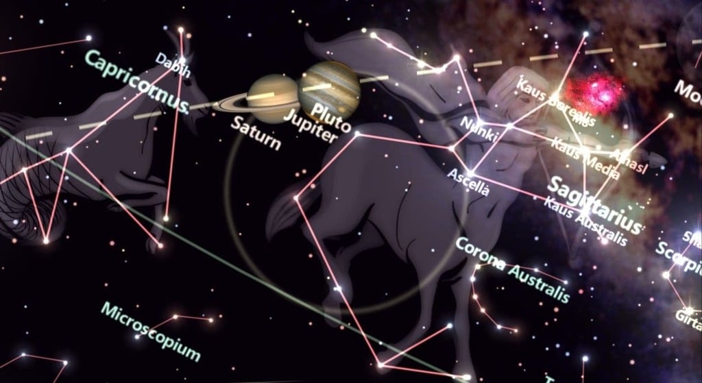 התקבצות צדק ושבתאי 2020 (צילום: אפליקצית StarTracker) התקבצות צדק ושבתאי 2020
