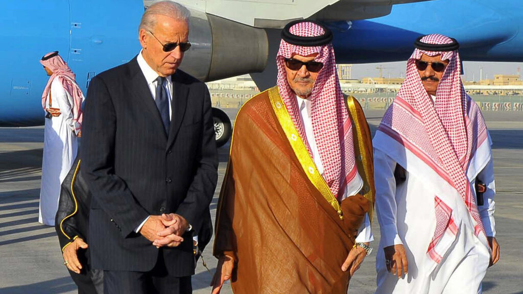 Then-Saudi foreign minister Prince Saud al-Faisal (second right) welcomes then-U.S. vice president Joe Biden to Riyadh, October 2011 
