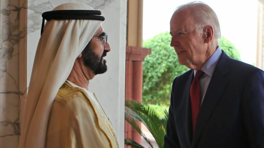 former US VP Joe Biden with Sheikh Mohammed Bin Rashid Al Maktoum, ruler of Dubai and Vice President of UAE, in Dubai, United Arab Emirates, March 8, 2016